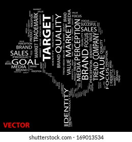 Vector eps concept or conceptual tree word cloud on black background as metaphor for business, brand, trend, media, focus, market, value, product, advertising or customer.Also for corporate wordcloud