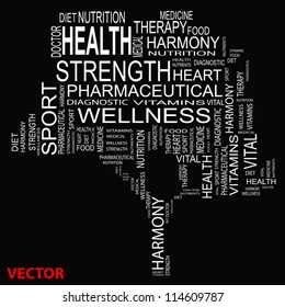 Vector eps concept or conceptual white text wordcloud or tagcloud as a tree isolated on white background as metaphor for health,nutrition,diet,wellness,body,energyf,medical,sport,heart or science