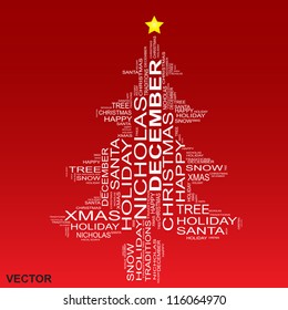 Vector eps concept or conceptual white Christmas tree isolated on a red background made of text or words as wordcloud, metaphor to holiday,Santa,tradition,christian,festive,religion,joy for child