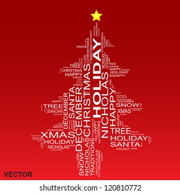 Vector eps concept or conceptual white Christmas tree isolated on a red background made of text or words as wordcloud, metaphor to holiday,Santa,tradition,christian,festive,religion,joy for child