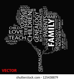 Vector eps concept or conceptual white text wordcloud or tagcloud as a tree isolated on black background as a metaphor for child,family,education,life,home,love and school learn or achievement