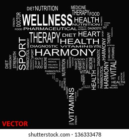 Vector eps concept or conceptual white text wordcloud or tagcloud as a tree isolated on white background as metaphor for health,nutrition,diet,wellness,body,energy,medical,sport,heart or science