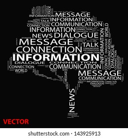 Vector eps concept or conceptual white tree word cloud on black background, metaphor for communication,speech,message,mail,relation,dialog,talk,report,contact,stair,climb,email,internet wordcloud