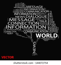 Vector eps concept or conceptual white tree word cloud on black background, metaphor for communication,speech,message,mail,relation,dialog,talk,report,contact,stair,climb,email,internet wordcloud