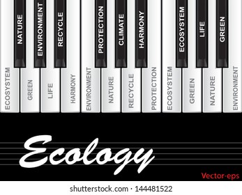 Vector eps concept or conceptual white text piano keys word cloud or tagcloud isolated on black background as metaphor to nature,ecology,green,energy,natural,life,world,global,protect recycling