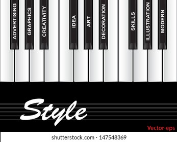 Concepto de los vectores o texto blanco conceptual palabra nube tagcloud como teclas de piano aisladas en fondo blanco, metáfora al arte, estilo, gráficos, creatividad, idea, moderno, ornamental, creativo,arte visual