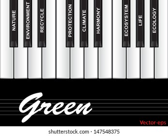 Vector eps concept conceptual white text piano keys word cloud or tagcloud isolated on black background as metaphor to nature, ecology, green, energy, natural, life, world, global, protect recycling