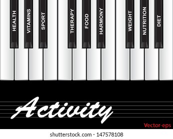 Vector eps concept conceptual white text word cloud tagcloud as piano keys isolated on white background as metaphor for health, nutrition, diet, wellness, body, energy, medical, sport, heart science