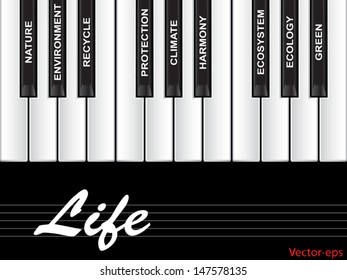 Concepto de los vectores o texto blanco conceptual de las teclas de piano de la palabra nube o tagcloud aislados en el fondo negro como metáfora de la naturaleza, ecología, verde, energía, natural, vida, mundo, global, proteger el reciclado