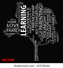 Vector eps concept or conceptual white text word cloud or tagcloud as a tree isolated on black background as a metaphor for child,family,education,life,home,love and school learn or achievement