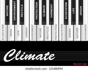 Vector eps concept or conceptual white text piano keys word cloud or tagcloud isolated on black background as metaphor to nature,ecology,green,energy,natural,life,world,global,protect recycling