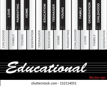 Vector eps concept or conceptual white text word cloud or tagcloud as piano keys isolated on black background as a metaphor for child,family,education,life,home,love and school learn achievement