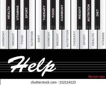 Vector eps concept or conceptual white text word cloud tagcloud as piano keys isolated on white background as metaphor for health,nutrition,diet,wellness,body,energy,medical,sport,heart science