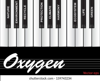 Vector eps concept or conceptual white text piano keys word cloud or tagcloud isolated on black background as metaphor to nature,ecology,green,energy,natural,life,world,global,protect recycling