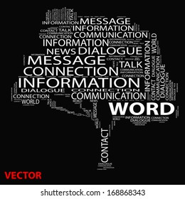 Vector eps concept or conceptual white tree word cloud on black background, metaphor for communication, speech, message, mail, relation, dialog,talk,report,contact,stair,climb,email,internet wordcloud