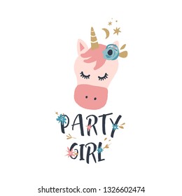 Vector EPS cute animals art. Lettering postcard with unicorn, Birthday party time, girl text. Princess pony in simple cartoon scandinavian style. Good for nursery clothes, room posters, wall art