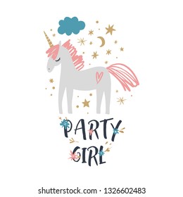 Vector EPS cute animals art. Lettering postcard with unicorn, Birthday party time, girl text. Princess pony in simple cartoon scandinavian style. Good for nursery clothes, room posters, wall art