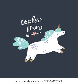 Vector EPS cute animals art. Lettering postcard with unicorn. Princess pony in simple cartoon scandinavian style. Good for nursery clothes, room posters, wall art, childish prints and stationery