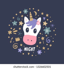 Vector EPS cute animals art. Decor elements collection. Little princess pony, night unicorn in simple cartoon scandinavian style. Good for nursery clothes, wall art, childish prints