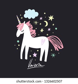 Vector EPS cute animals art. Little princess pony, night unicorn in simple cartoon scandinavian style. Good for nursery clothes, room posters or postcards, wall art, childish prints and stationery