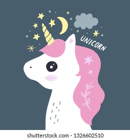 Vector EPS cute animals art. Little princess pony, night unicorn in simple cartoon scandinavian style. Good for nursery clothes, room posters or postcards, wall art, childish prints and stationery
