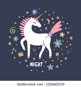 Vector EPS cute animals art. Decor elements collection. Little princess pony, night unicorn in simple cartoon scandinavian style. Good for nursery clothes, wall art, childish prints