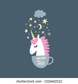 Vector EPS cute animals art. Little unicorn in the cup, tea time, simple cartoon scandinavian style. Good for nursery clothes, room posters or postcards, wall art, childish prints and stationery