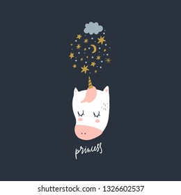 Vector EPS cute animals art. Little princess pony, night unicorn in simple cartoon scandinavian style. Good for nursery clothes, room posters or postcards, wall art, childish prints and stationery