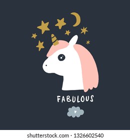 Vector EPS cute animals art. Little princess pony, night unicorn in simple cartoon scandinavian style. Good for nursery clothes, room posters or postcards, wall art, childish prints and stationery