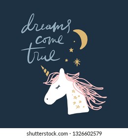 Vector EPS cute animals art. Lettering postcard with night unicorn. Princess pony in simple cartoon scandinavian style. Good for nursery clothes, room posters, wall art, childish prints and stationery