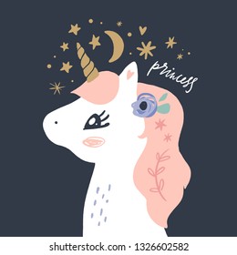 Vector EPS tiernos animales arte. Cartas postal con unicornio nocturno. Princess pony en un sencillo estilo escandinavo de caricatura. Bien para ropa de vivero, afiches de habitación, arte mural, estampados infantiles y papelería