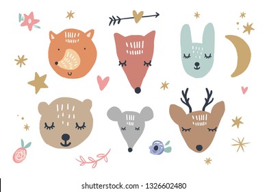 Vector EPS cute forest animals illustrations in simple cartoon scandinavian style. Decor elements collection. Good for nursery clothes, wall art, childish prints