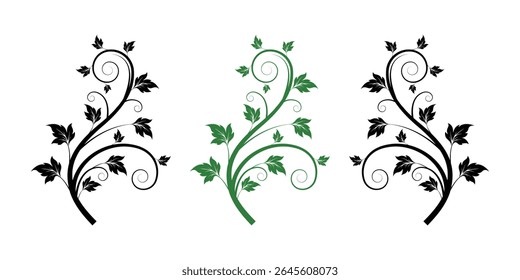 vetor EPS com elegantes vinhas fluindo com folhas em preto e verde. Perfeito para projetos naturais, orgânicos e decorativos.