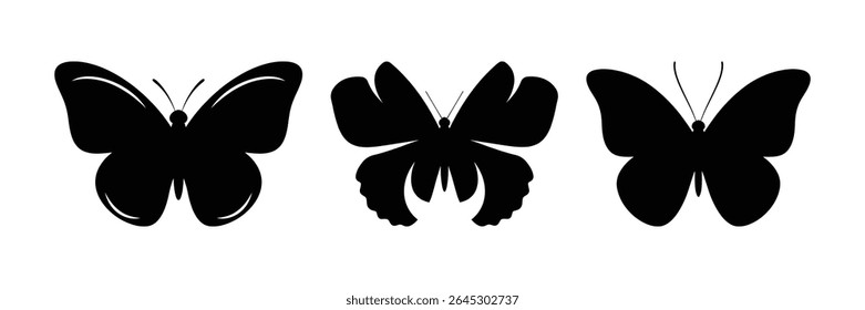 EPS vetorial com três silhuetas de borboletas pretas distintas. Ideal para logotipos, artesanato, decorações e várias aplicações de design.