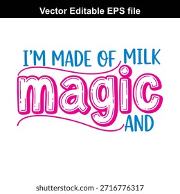 A vector EPS file featuring a colorful playful phrase I'm made of milk magic and in fun bubbly typography with pink blue and white colors