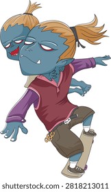 Vector EPS file featuring a cute blue orc monster riding a skateboard while carrying his small baby monster piggyback on his back. Perfect for t-shirt design, stickers, children's apparel, poster art, prints, gaming graphics, skater merchandise, and street style projects. Fully editable vector format