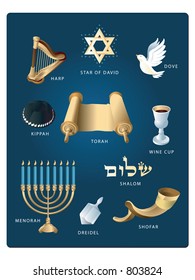 (Vector EPS file!!!) Jewish-themed clip art featuring: the Star of David, Dove, Torah, Kippah, Harp, Wine, Menorah, Dreidel, Shofar and Shalom.