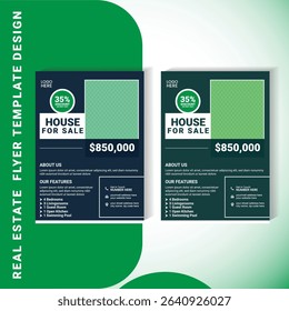 Vector EPS flyer template designed for real estate marketing. Includes key areas for price, discount badge, logo, features list, and contact information. Ideal for realtors and property agents.