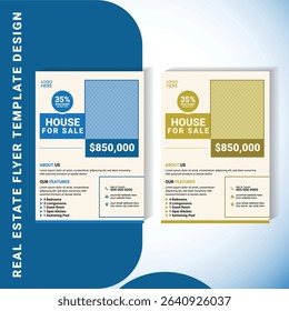 Vector EPS flyer template designed for real estate marketing. Includes key areas for price, discount badge, logo, features list, and contact information. Ideal for realtors and property agents.