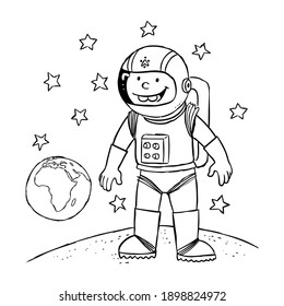 Vector EPS. Flying to the moon. Hand drawn black and white illustration of a boy on the moon.
