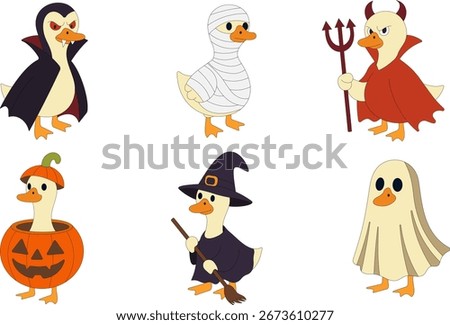 Vector EPS Halloween duck set with mummy, jack-o’-lantern, ghost, vampire, devil, and witch costumes. Perfect for spooky kids cards,fall digital projects, prints, stickers, planners, scrapbooking