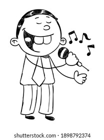 Vector EPS. Hand drawn black and white illustration of a kid who is singing a song.