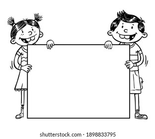 Vector EPS. Hand drawn black and white illustration of kids who hold a blank banner.