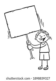 Vector EPS. Hand drawn black and white illustration of kid who hold a blank banner.