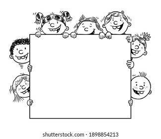 EPS vectoriales. Dibujo manual de ilustraciones en blanco y negro de niños que sostienen un cartel en blanco.