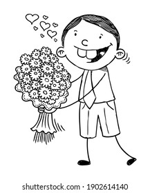 VektorEPS. Handgezeichnete Schwarz-Weiß-Illustration von Kindern, die Blumen halten. 