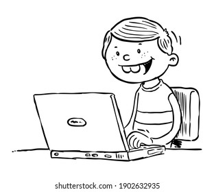 EPS vectoriales. Dibujo manual de una ilustración en blanco y negro de un niño que trabaja con una laptop.