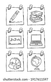 Vector EPS. Hand drawn black and white set of education icons in note papers. All elements are layered separately. Editable for changing colors.