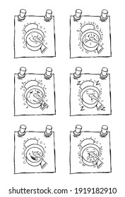 Vector EPS. Hand drawn black and white set of cartoon snowman characters in adhesieve note papers. All elements are layered separately. Editable for changing colors. 
