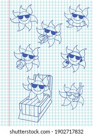 Vector EPS. Hand drawn line art illustrations of cute cartoon sun characters on a plotting paper. All elements are grouped and layered separately. You can change the colors easily.